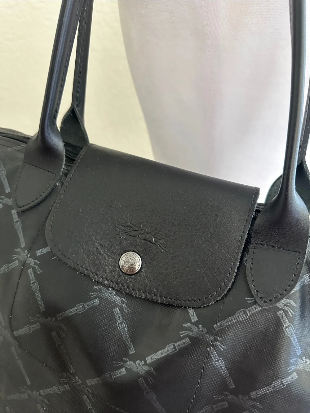 LONGCHAMP Le Pliage S Coated Canvas Horse Pattern Tote Bag Black Small - Picture 7 of 14
